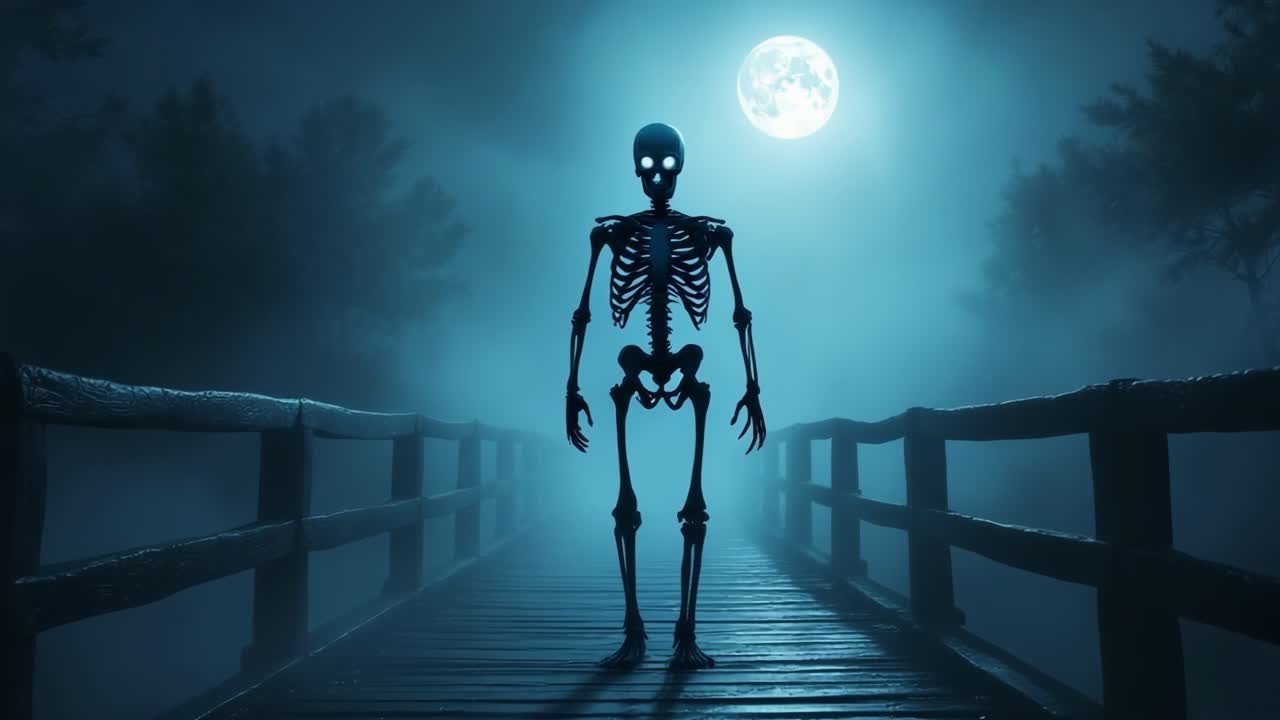 Skeleton figure stands on a wooden bridge under a glowing moon in a foggy night scene