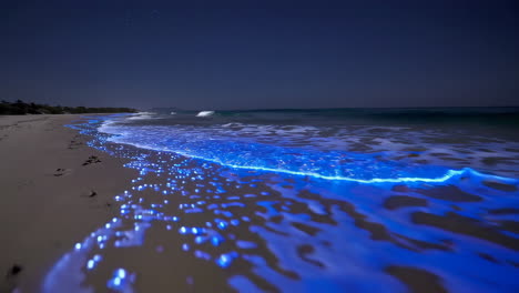 bioluminescent waves on a starry night beach