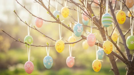 a beautiful spring scene featuring delicately decorated easter eggs hanging from tree branches, capturing the essence of seasonal celebration and festive decor