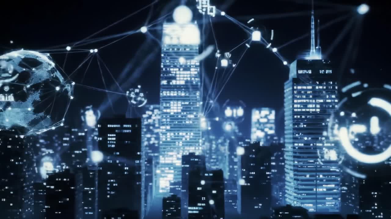 A futuristic cityscape illuminated by digital connections, showcasing towering buildings that embody the essence of technology and innovation in a connected world