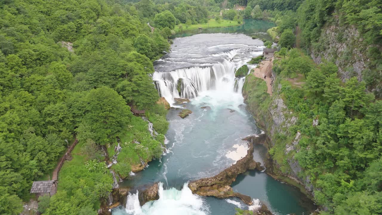 Natural Waterfall river landscape at Strbacki Buk Bosnia Aerial fly Environment fresh and green, drone shot