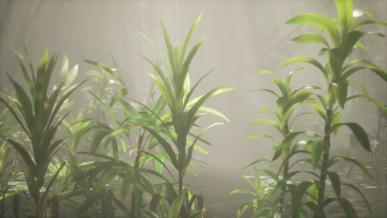 el sol brillando a través de los árboles y la niebla en un río tropical