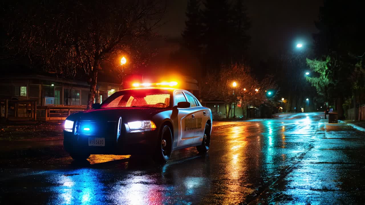 A Polished Police Vehicle with Vibrant Lights Stands Guard on a Quiet Rain-Drenched Street, Reflecting the Glow of Surrounding Streetlights in a Serene Nighttime Scene