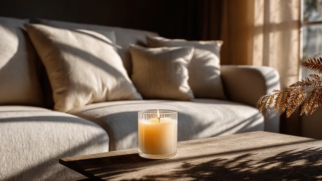 Een serene en uitnodigende woonkamersfeer met een warme kaars op een houten tafel, aangevuld met zachte kussens en zacht natuurlijk licht dat door de gordijnen filtert.