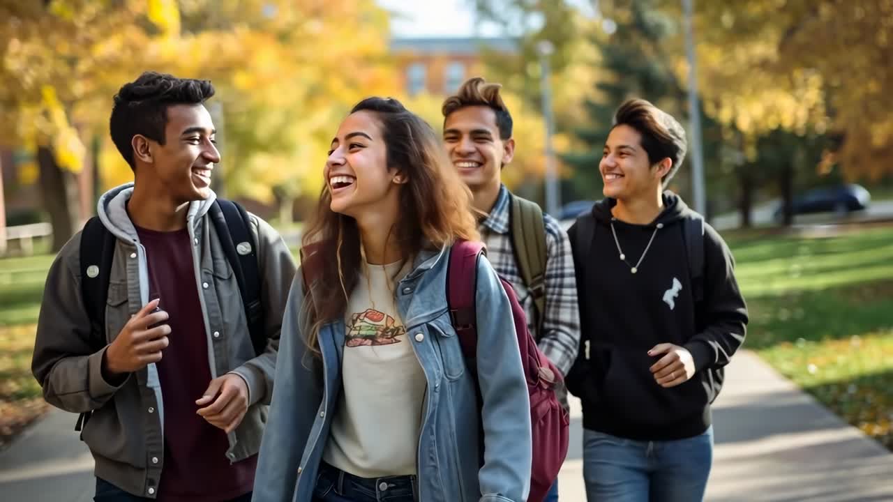 A video still of four friends walking outdoors, laughing