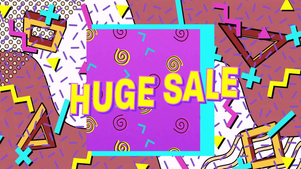 밝은 색의 레트로 패턴 위에 노란색 글자로 플래시 판매 텍스트의 애니메이션