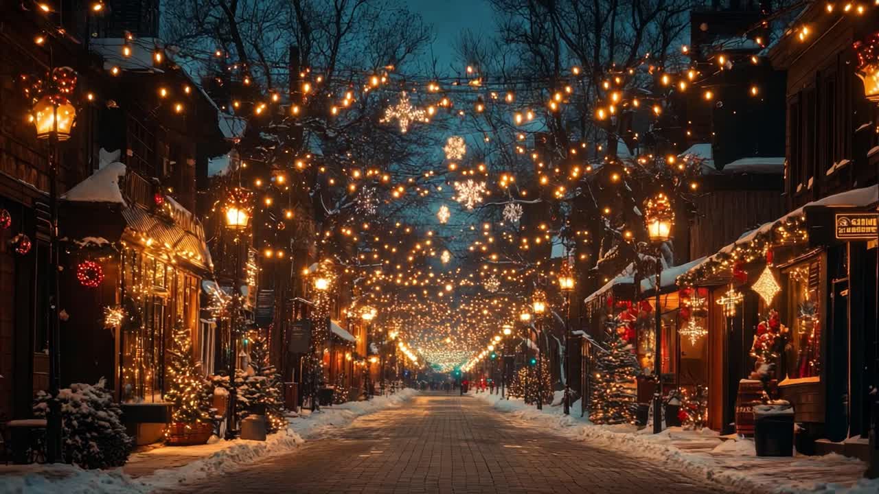 Winter street scene with Christmas lights and snow