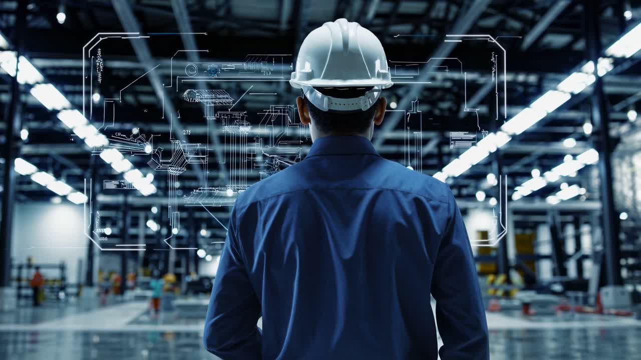 Rear view of engineer in hard hat observing digital blueprint overlay