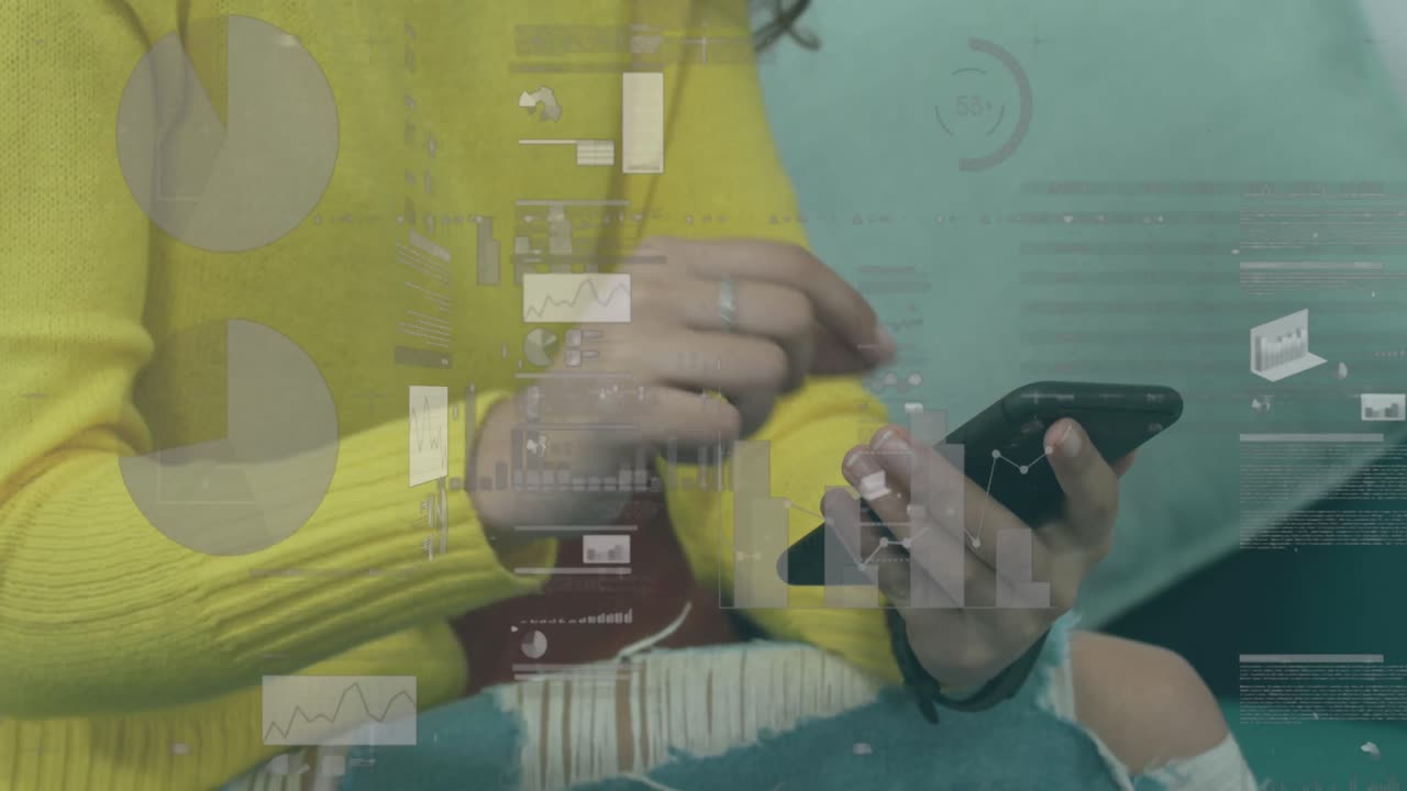 Animation of data processing over caucasian woman using smartphone