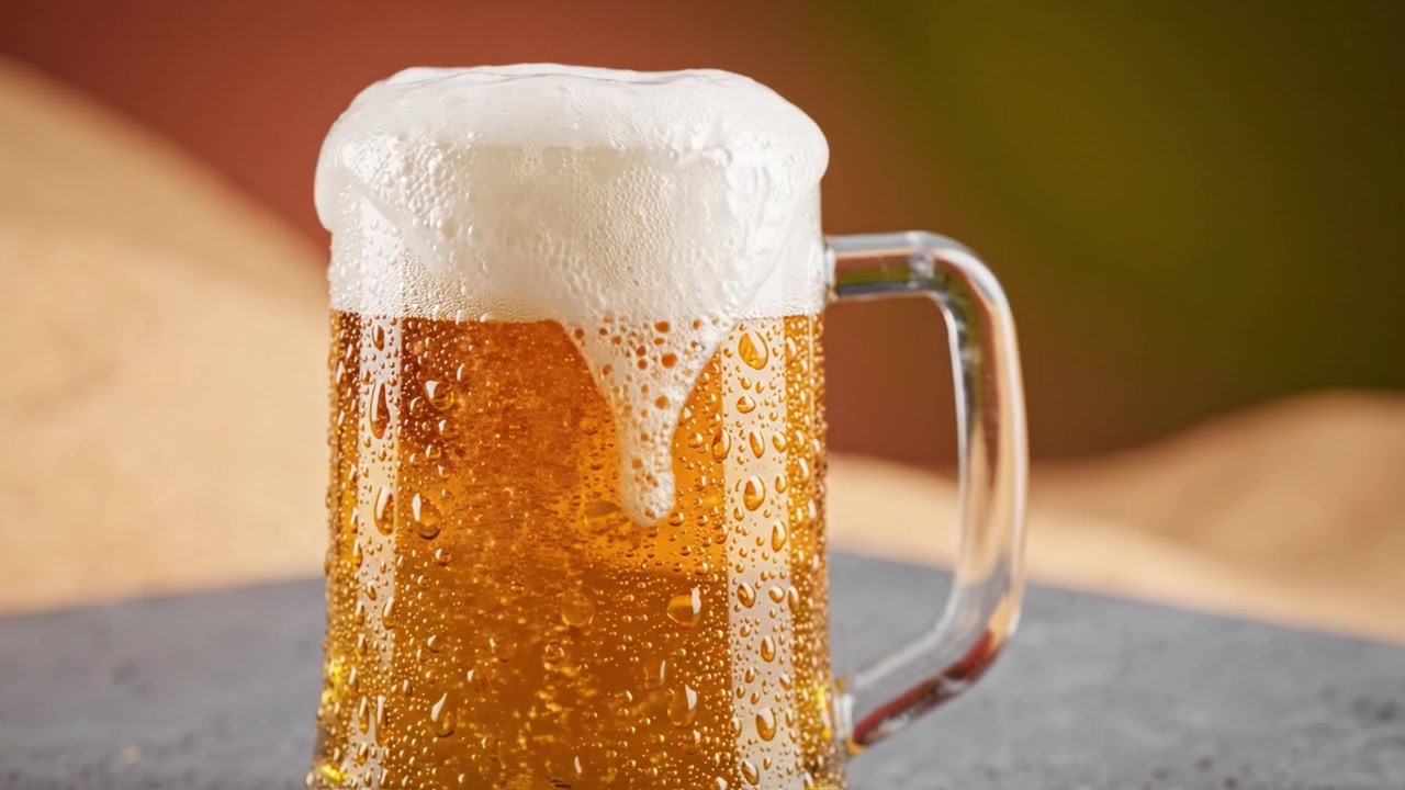 Erfrischendes Bier in einem gefrosteten Glaskrug mit dicker Schaumkrone, das Bläschen und Kondensationsdetails vor einem verschwommenen natürlichen Hintergrund zeigt.