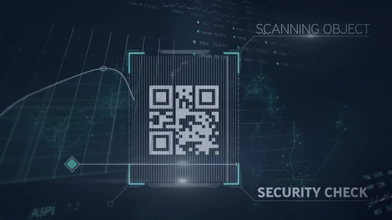 Animation of qr code, texts with multiple graphs and trading boards over black background