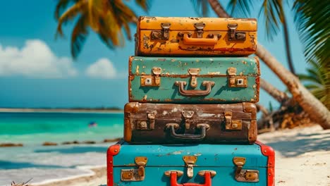 una pila de maletas sentadas una encima de la otra en una playa