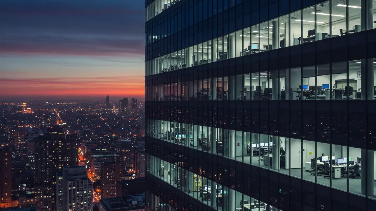 A Stunning Evening View from a High-Rise Office Building, Showcasing City Lights and Office Interiors Against the Backdrop of a Colorful Sunset Sky