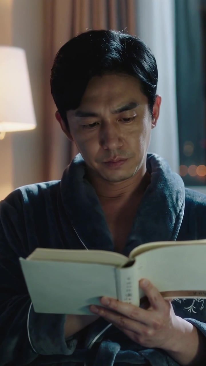 Vertical video: Reaching page end, man in gray robe turning book pages by lamp at night to read