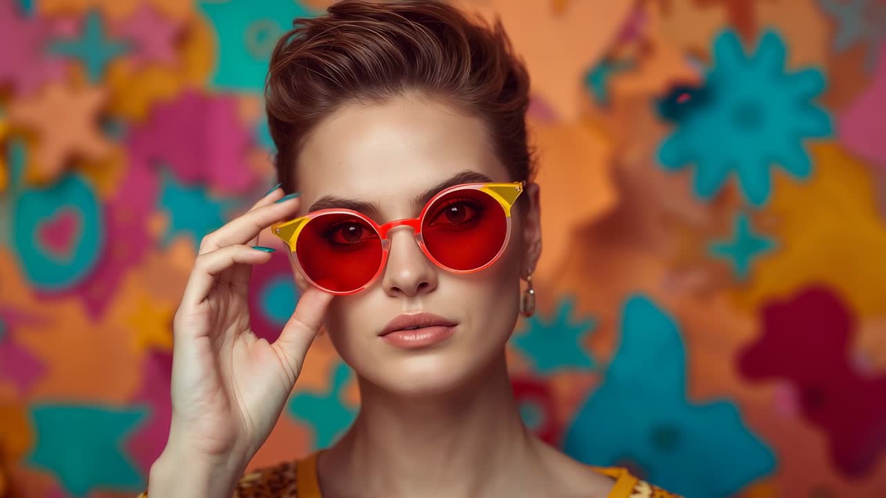Hand lifting female model adjusting red-lensed sunglasses for fit in studio, with patterned top