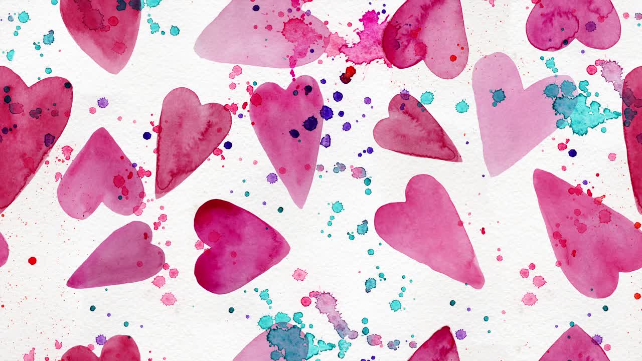 손으로 그려진 수채화 심장을 가진 추상적인 배경. 루프 애니메이션.