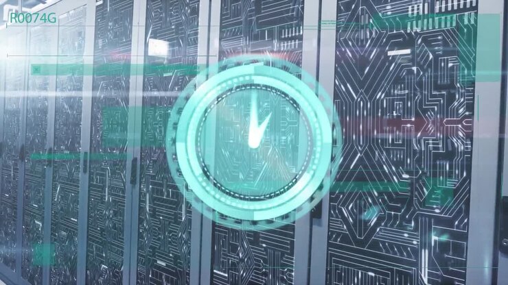 Animation of moving clock and computer circuit board over server room