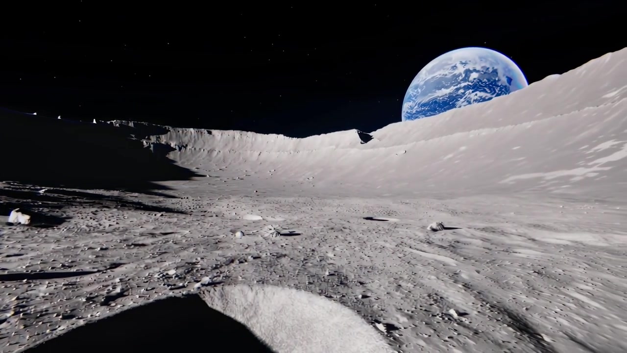 Earth Rising Over the Moon Surface Crater