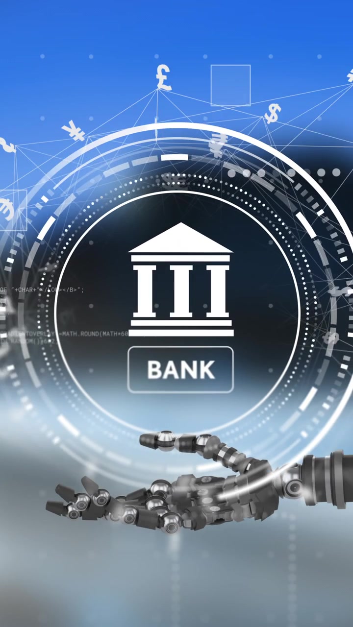 Banka simgesine doğru uzanan robot eli, manzara üzerinde finansal teknoloji animasyonu ile.