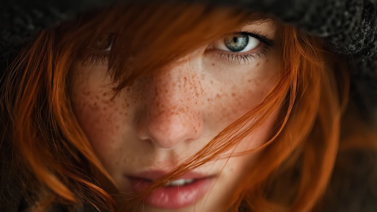 Un ritratto ravvicinato di una giovane donna con vivaci capelli rossi e intensi occhi azzurri, che cattura l'intrigo e la bellezza del suo viso lentigginoso sotto luce naturale.