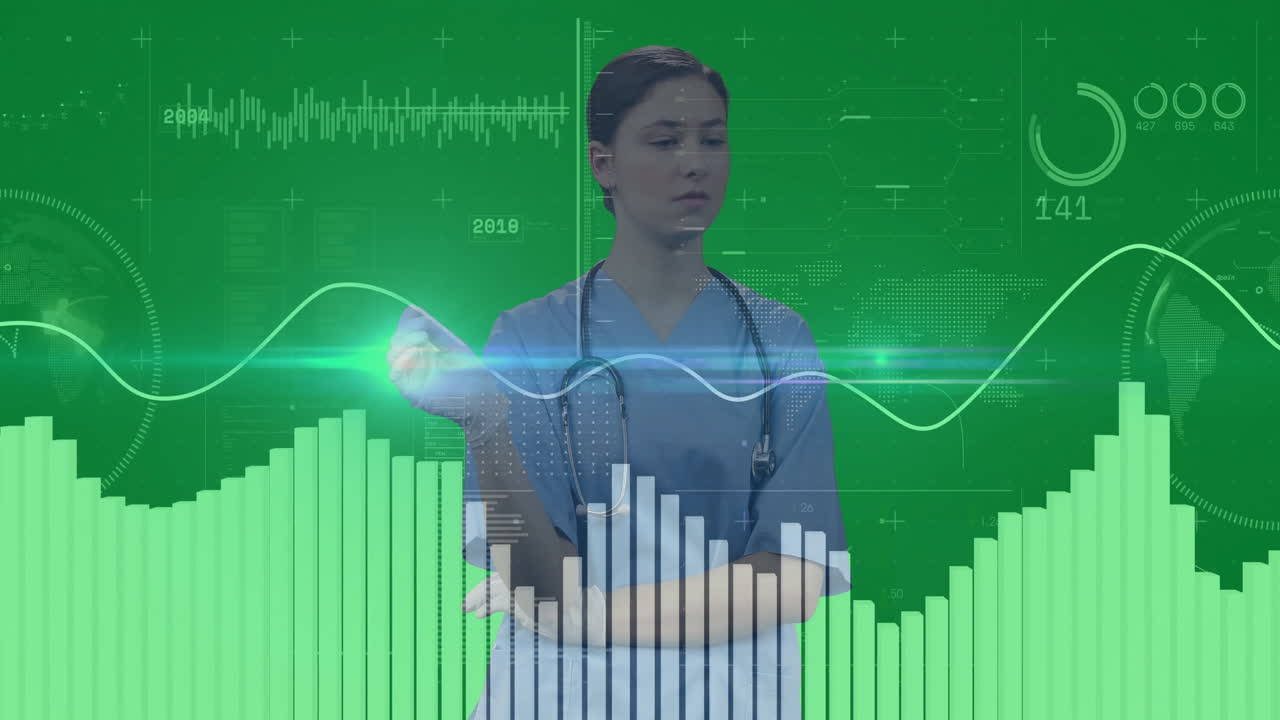 Medical professional using stethoscope examining data visualization with heartbeat animation