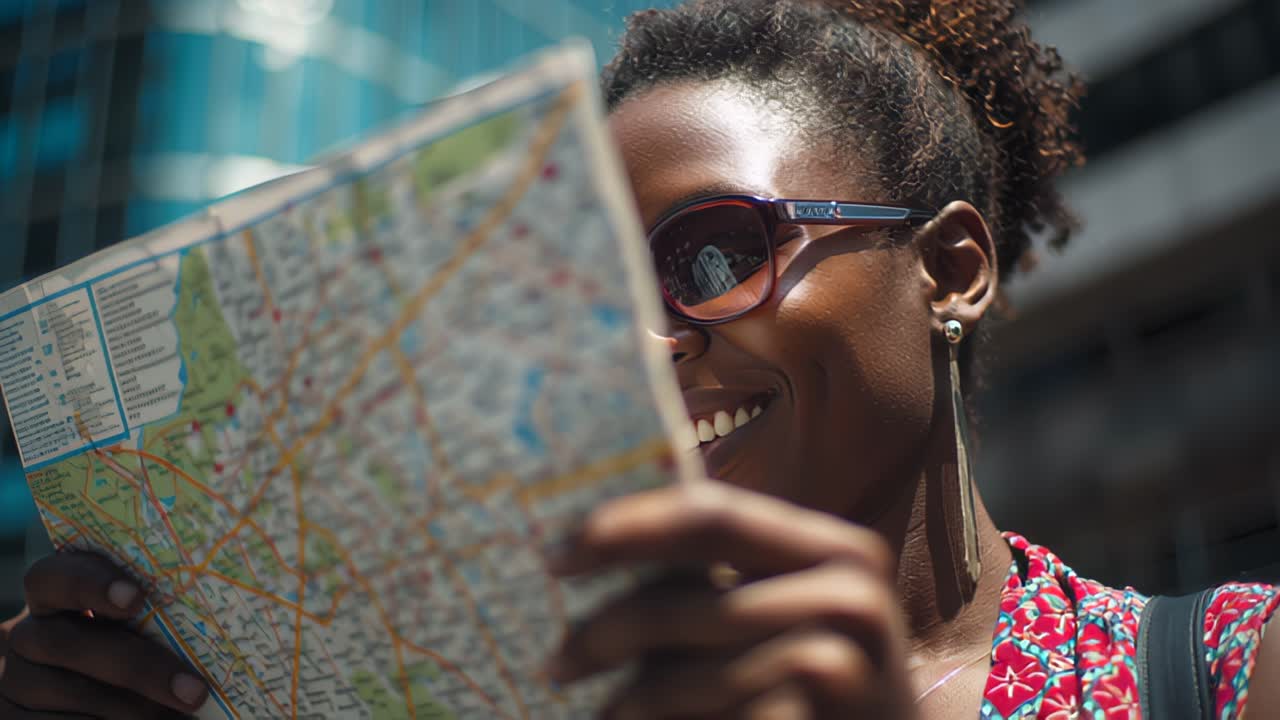Close up footage of a young traveler holding and reading a detailed city map in a modern urban business district, symbolizing navigation, exploration, tourism and finding directions