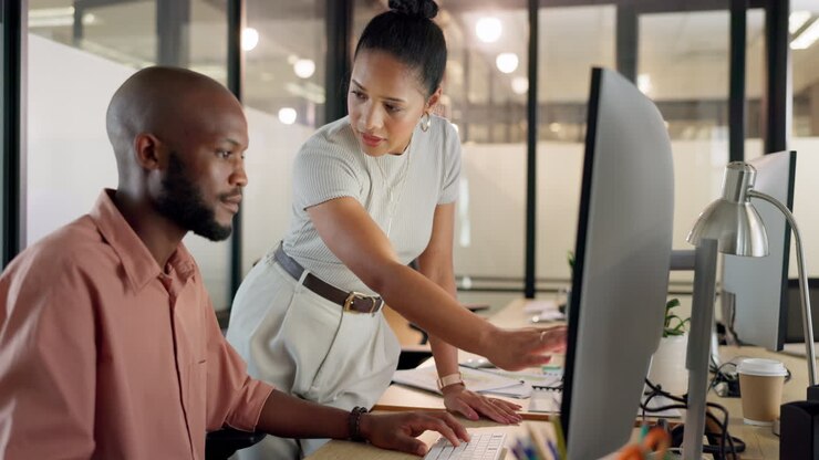 Business, woman help man and computer