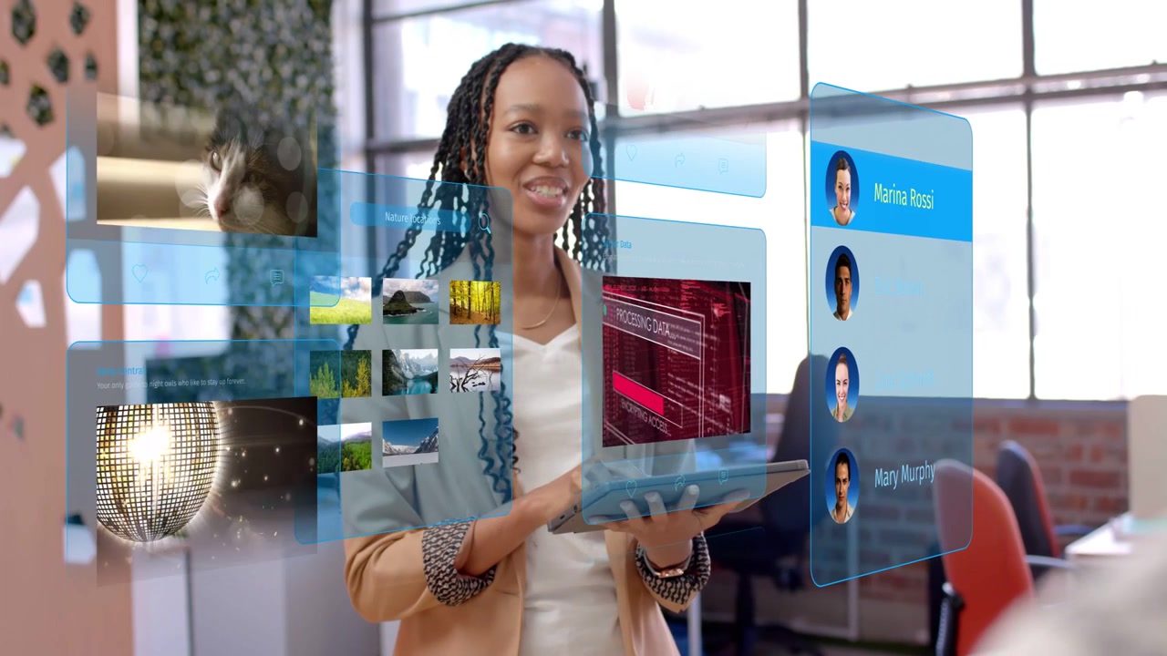 Vertical video: Woman tapping tablet opening tech panels scrolling grid picking contacts for demo