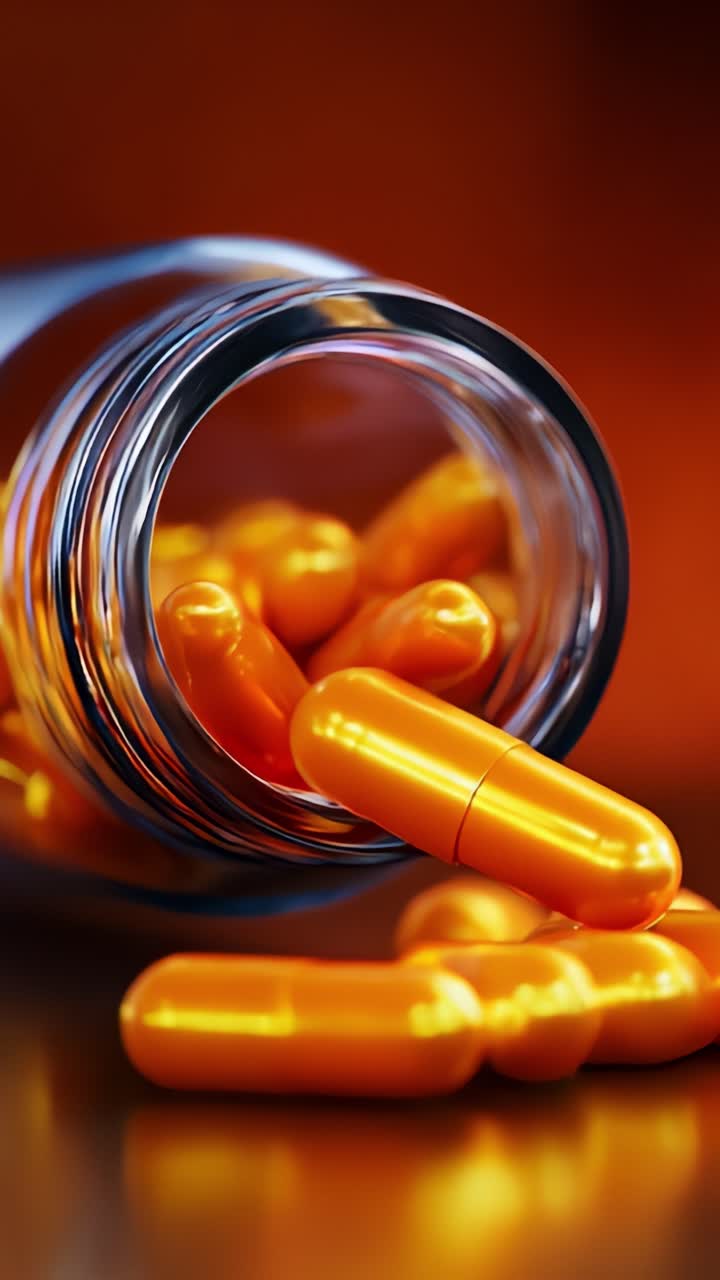 Capsule arancioni energizzanti fuoriescono da un barattolo di vetro, riflettendo la luce naturale, creando un’immagine visiva d’impatto che pone l’accento su salute e benessere.