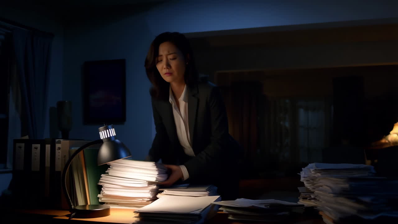 An Overworked Businesswoman Falls Asleep at Her Desk Amidst Piles of Paper
