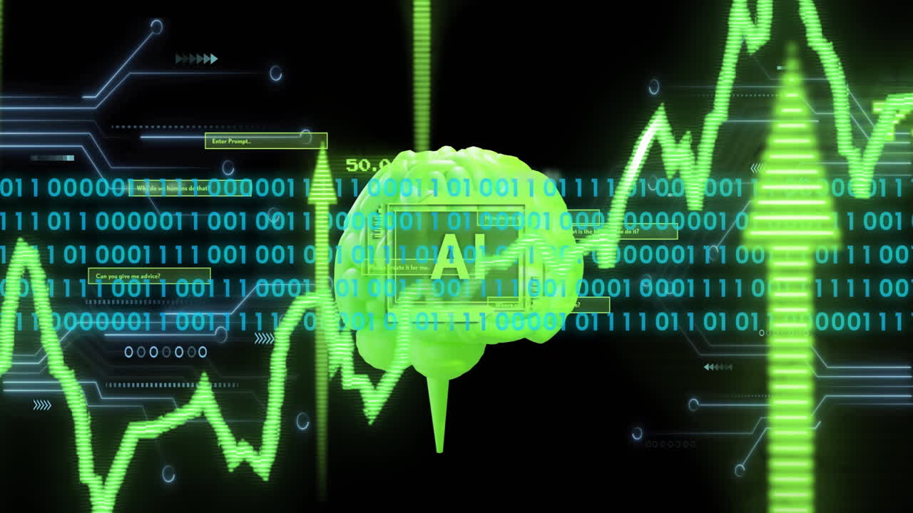Animation of ai text, brain and digital data processing over black background