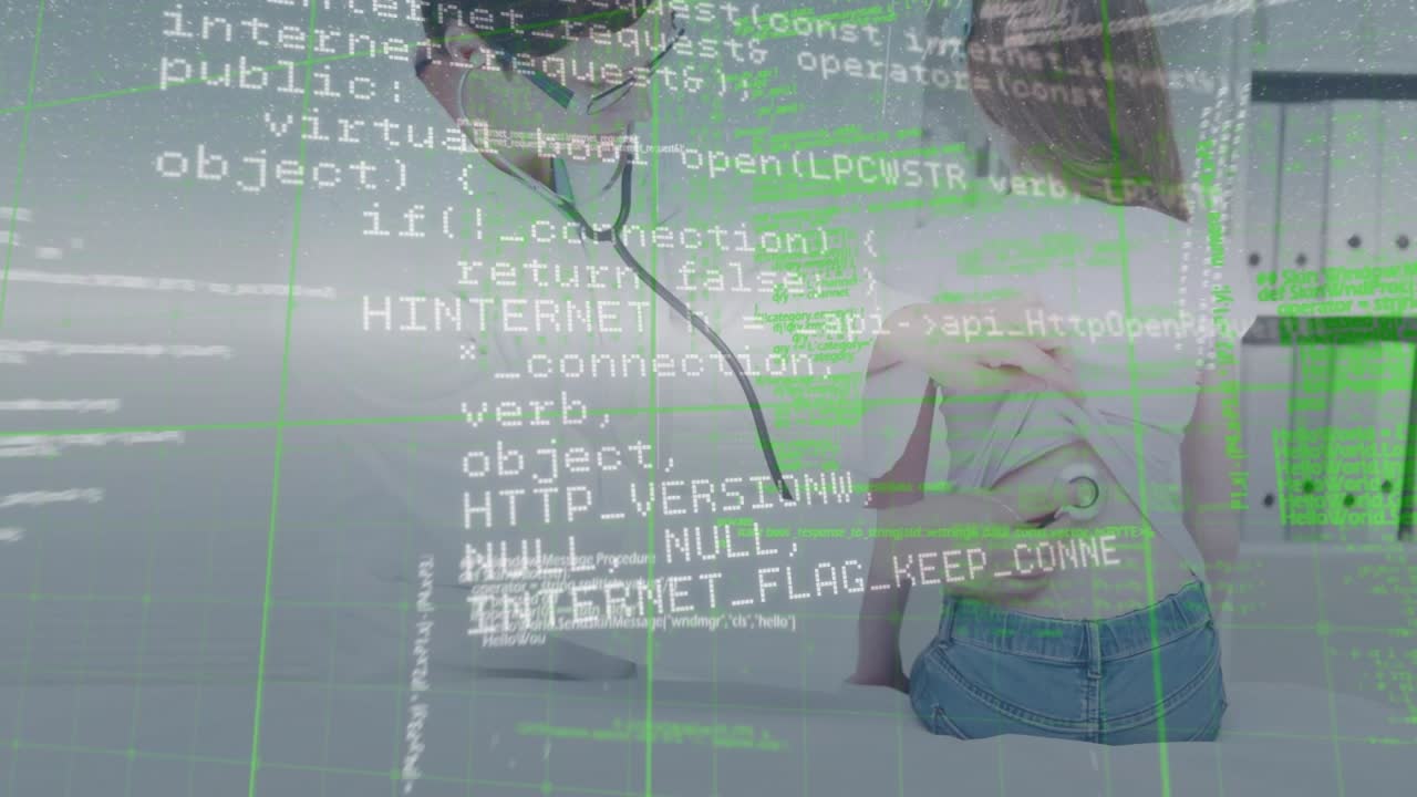Data processing over caucasian female doctor examining back of caucasian girl at hospital