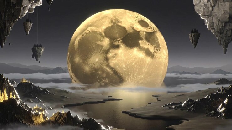 Com o passar do tempo, a lua cheia dourada descendo sobre um lago cintilante, com névoa em movimento, monólitos e luzes.