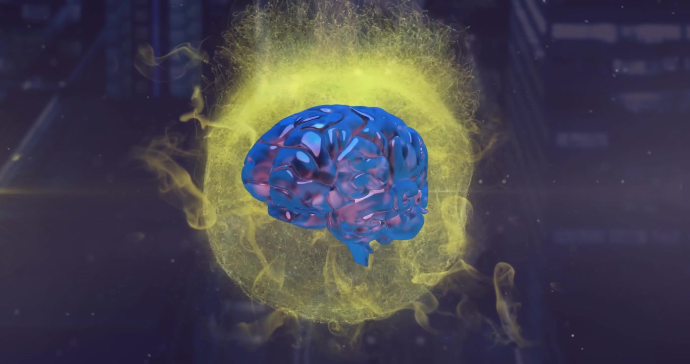 Animazione di un cervello umano e di elaborazione dati sopra un globo.