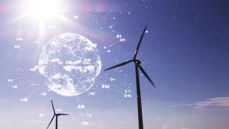 animation of globe with numbers over wind turbines in countryside