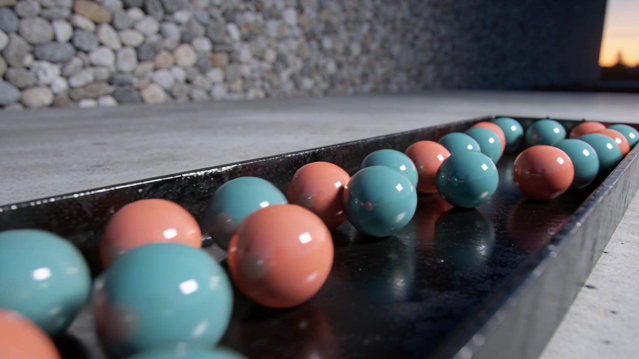 Tilting releasing teal and coral marbles rolling toward camera along metal trough, pebble wall