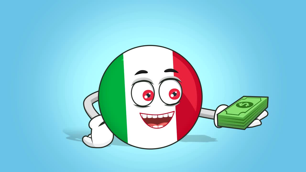 Icono animado Bandera de Italia Dólar en mano con animación facial y mate alfa