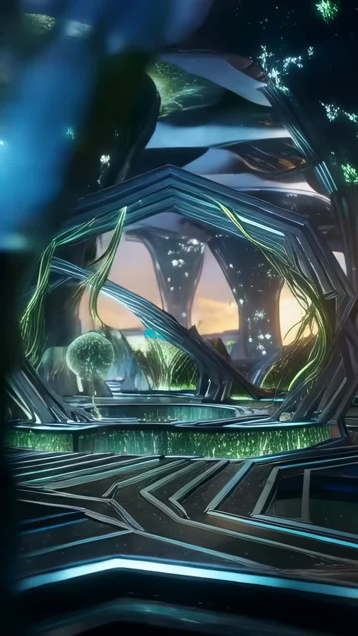 Vertical video: Camera moving toward hex portal amid rotating spheres, revealing glowing columns