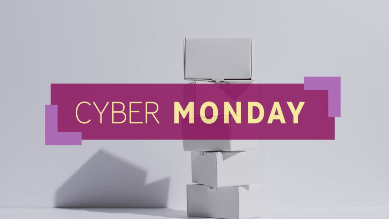 animación del texto del lunes cibernético sobre cajas de regalos