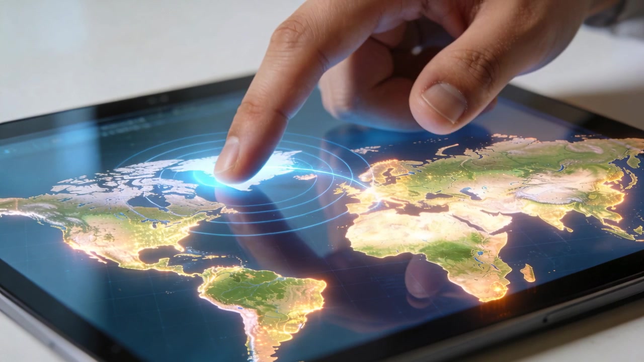 Tapping right hand wearing grey sleeve dragging finger across tablet at desk, creating map ripples