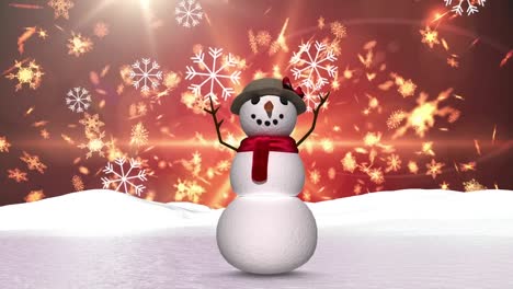animación de copos de nieve blancos de navidad cayendo sobre el muñeco de nieve y el cielo rojo brillante.