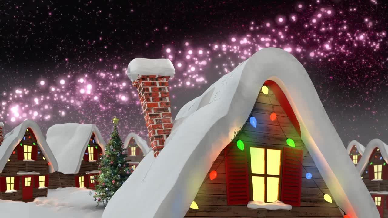 검은 바탕에 장식 된 집과 크리스마스 트리와 함께 겨울 풍경의 애니메이션