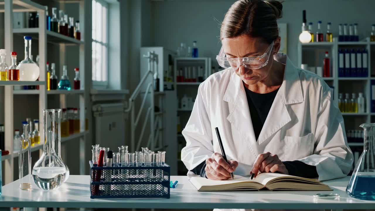 A scientist in a lab coat writes notes in a laboratory. The side angle captures the research