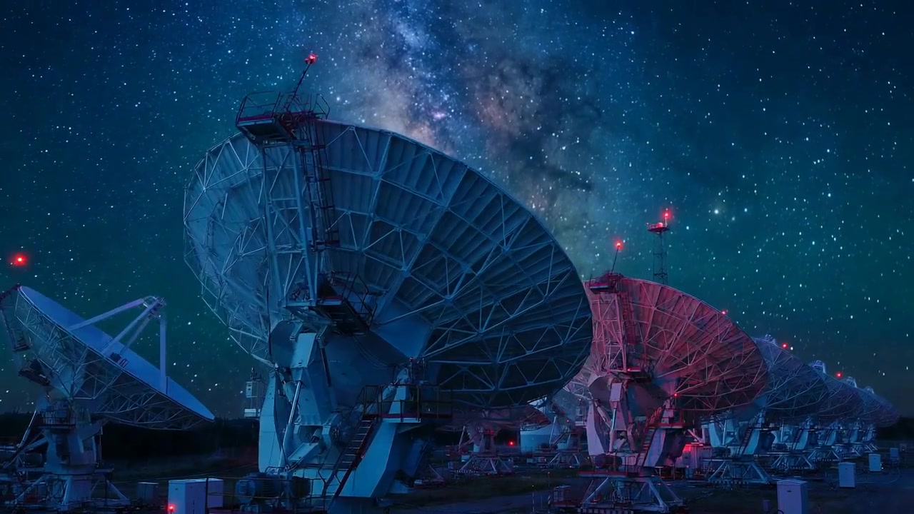 White Satellite Dishes Pointed At Starry Night Sky With Milky Way, Advanced AI Concept With Cinematic Lighting