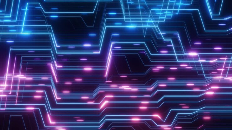 Scheda di circuito digitale astratta con linee al neon luminose e flusso di dati