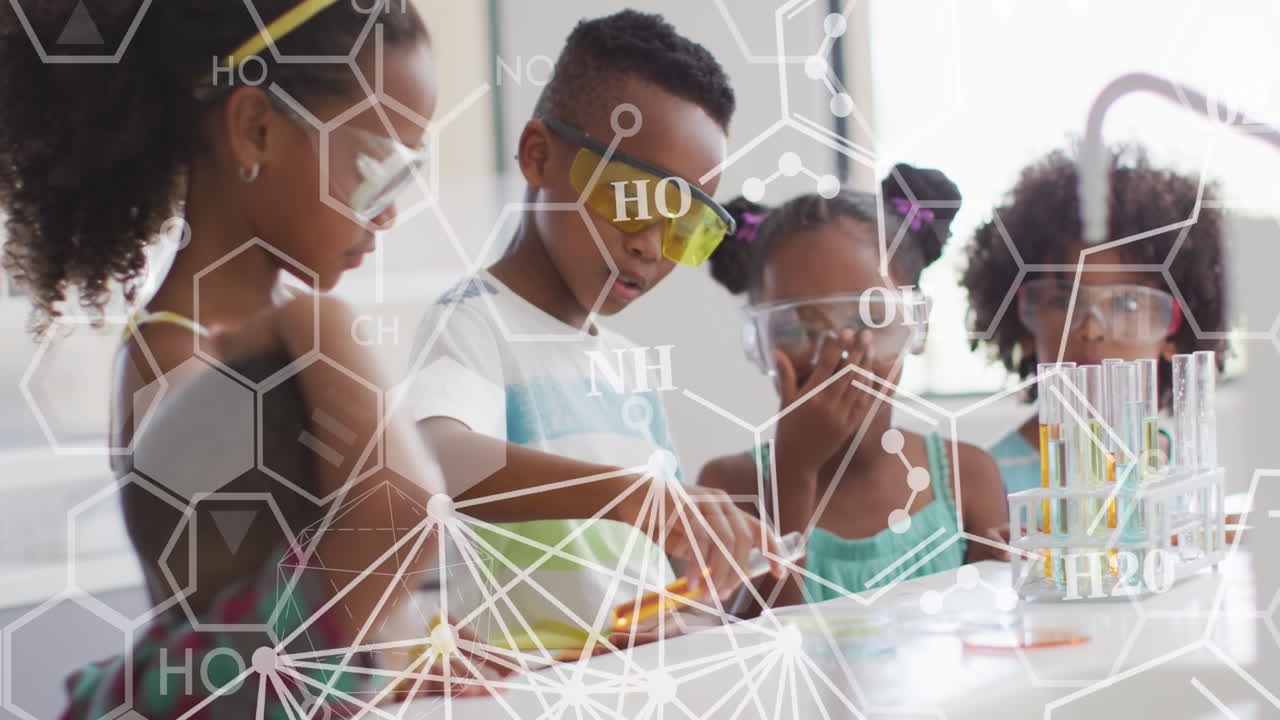 Animation of elemental diagrams over happy diverse schoolchildren in chemistry class