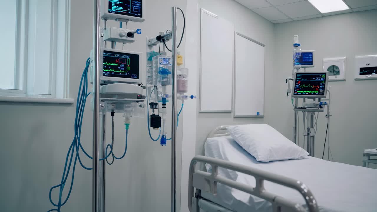 Video z nemocničního pokoje zachycuje čisté, sterilní prostředí s lékařským vybavením