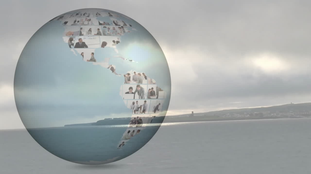 Translucent globe sphere hovering over coastal scene displaying animated business snapshots collage