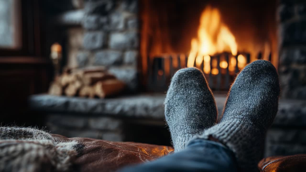 Cozy Winter Evening by the Fireplace: A Peaceful Perspective of Relaxation with Warm Socks and the Gentle Glow of a Crackling Fire