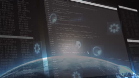 Animation of data processing on screens and scopes scanning over planet earth